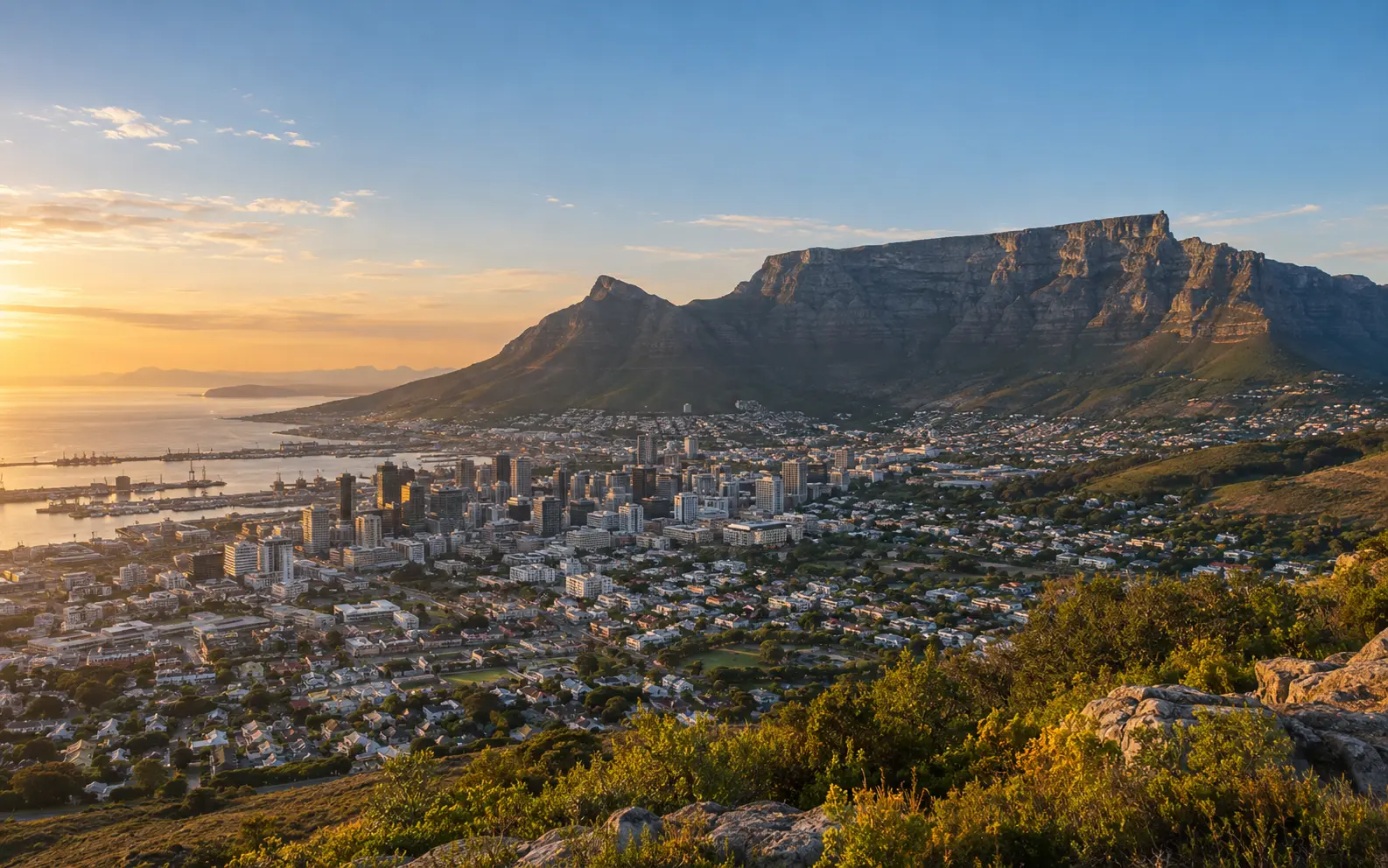 Cape Town beneath Table Mountain in warm evening light