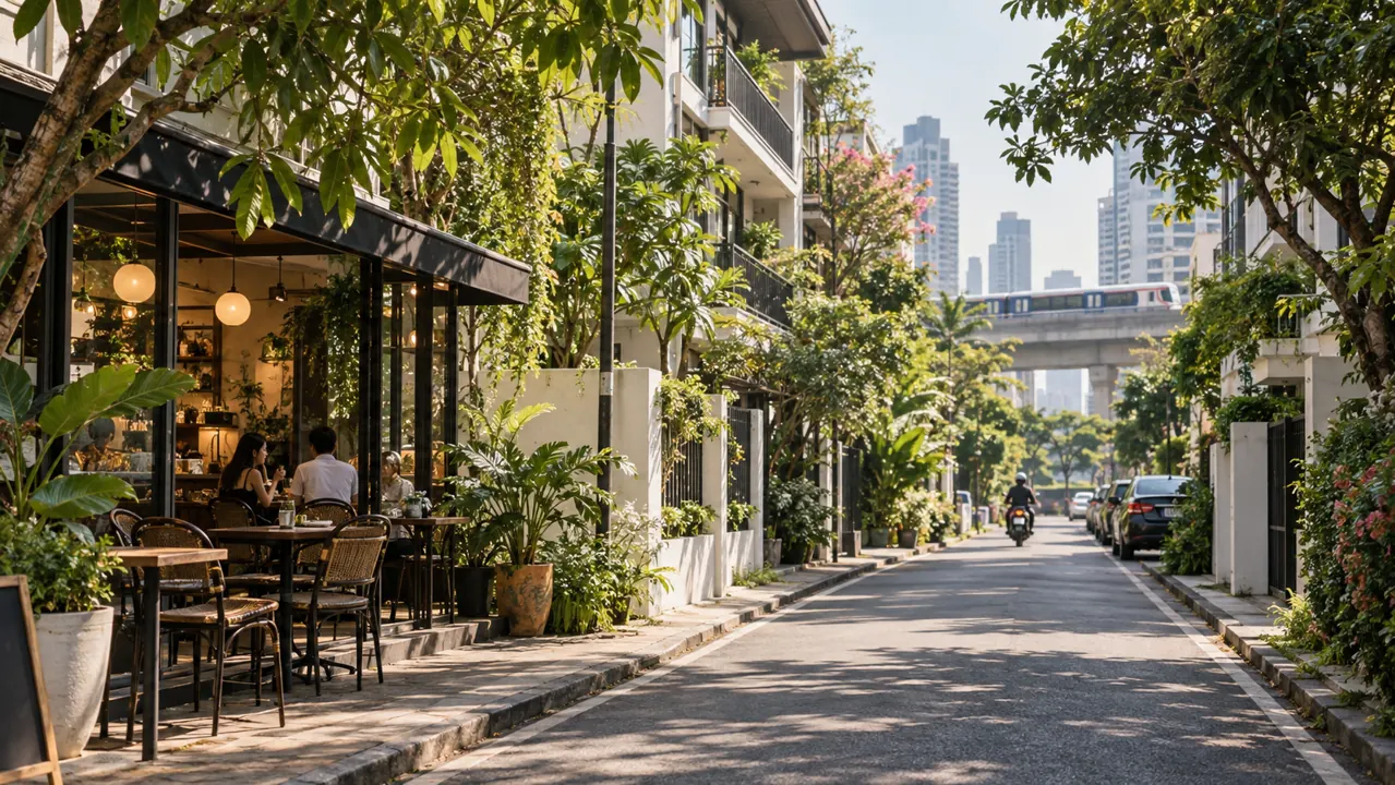 AI-generated illustration: street-level impression of a leafy Bangkok residential lane with low apartment buildings, a shaded cafe and overhead skytrain in the far distance