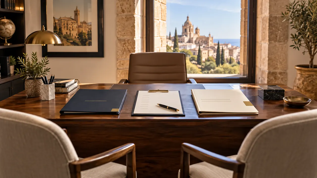 AI-generated illustration: two empty visitor chairs facing a professional's empty meeting table with two contrasting plain document folders and an unlabelled checklist