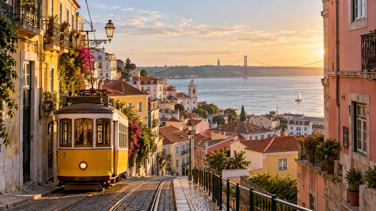 AI-generated illustration: lisbon-inspired hillside cityscape with terracotta roofs, pastel buildings and a yellow tram on a sloping street, Tagus-like broad water beyond