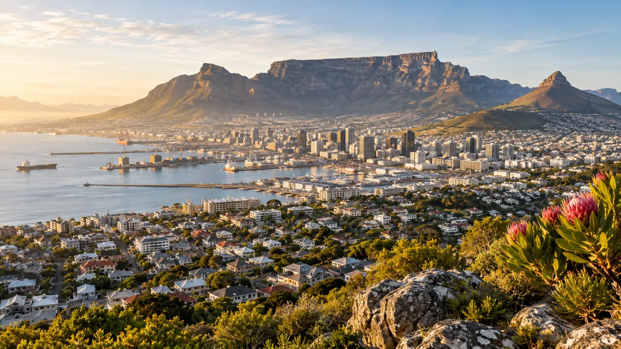 AI-generated illustration: cape Town-inspired broad panorama with a flat-topped mountain, harbour and dense city neighbourhoods in crisp morning light