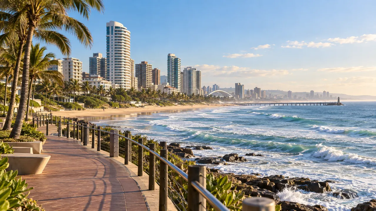 AI-generated illustration: durban-inspired beachfront promenade with palms, rolling Indian Ocean surf and a varied modern skyline in bright morning light