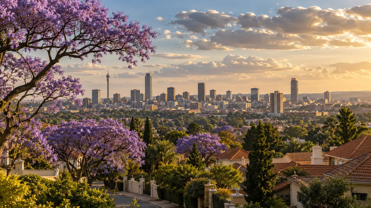 AI-generated illustration: johannesburg-inspired modern skyline beyond jacaranda-lined suburbs, highveld clouds and warm red-brown roofs
