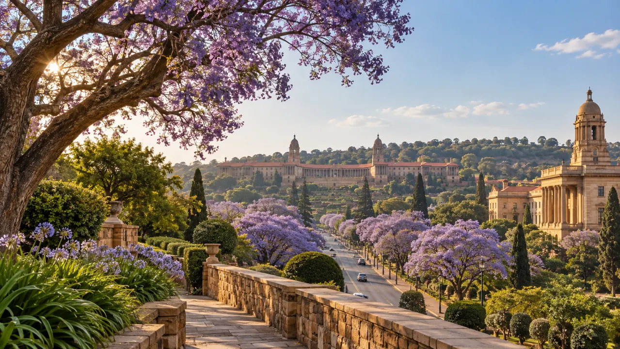 AI-generated illustration: pretoria-inspired panorama of jacaranda-lined streets and gardens, civic buildings on a gentle hill under a clear sky