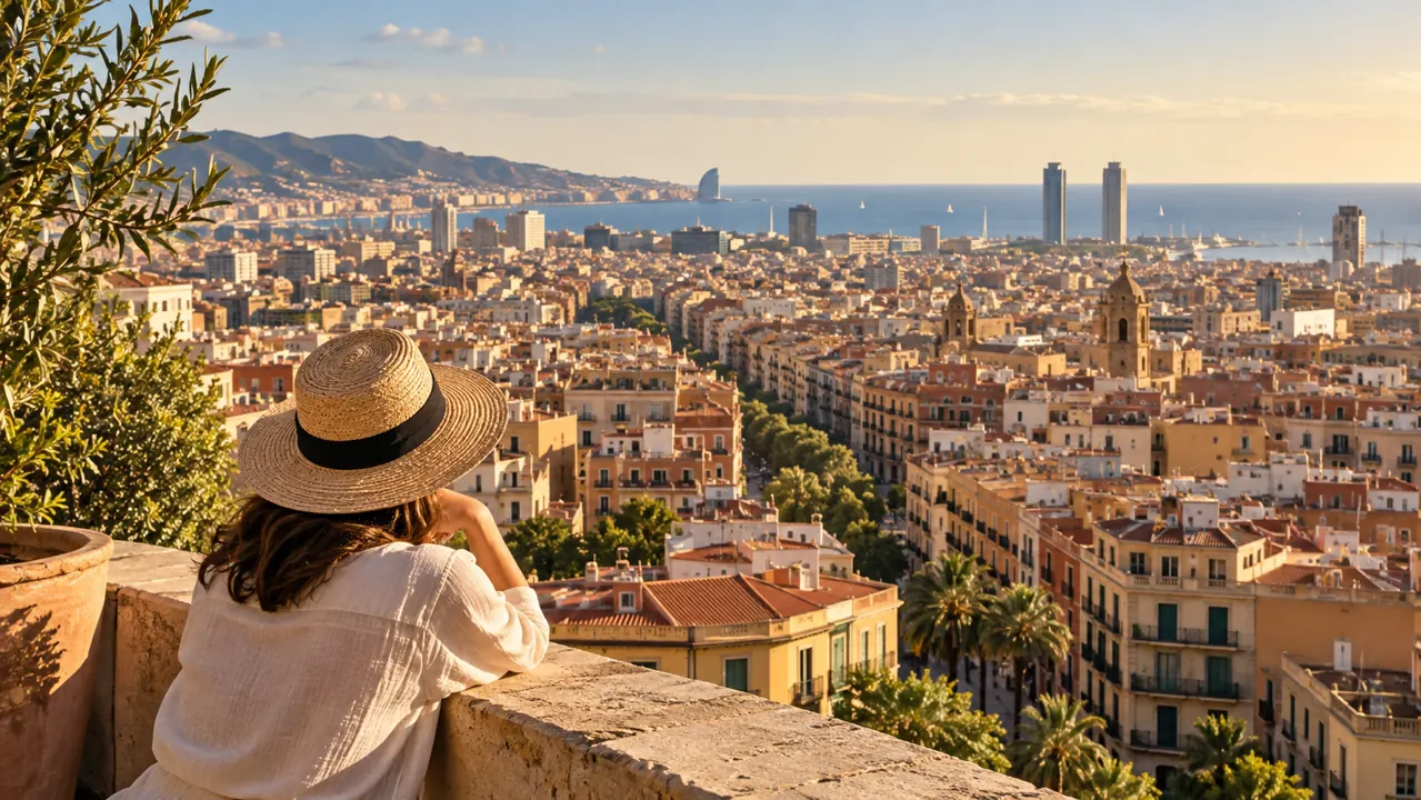 AI-generated illustration: barcelona-inspired panoramic Mediterranean city rooftops, geometric blocks, distant sea and warm terracotta architecture, no exact landmark claim
