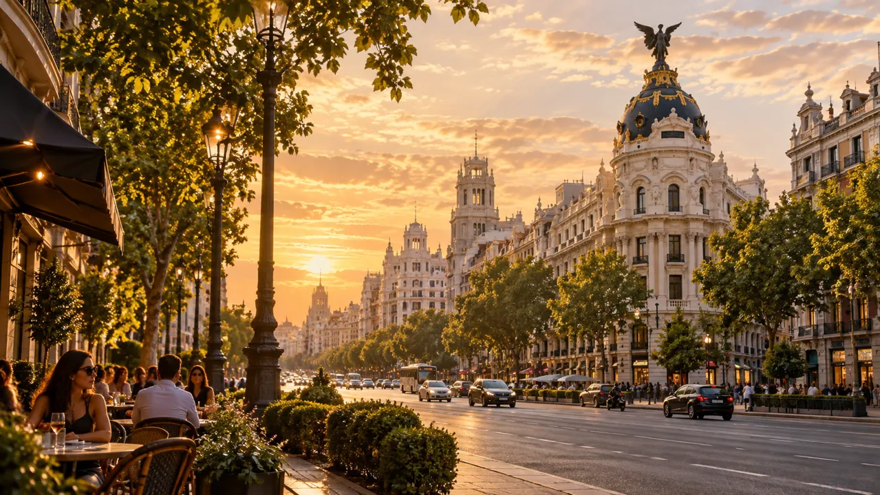 AI-generated illustration: madrid-inspired broad civic avenue with elegant ornate white facades, street trees and warm sunset light, no exact building claim