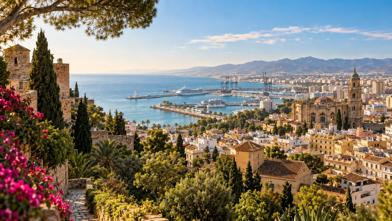 AI-generated illustration: malaga-inspired harbour and old-town rooftops seen from a leafy hillside, blue Mediterranean bay and warm southern Spanish light