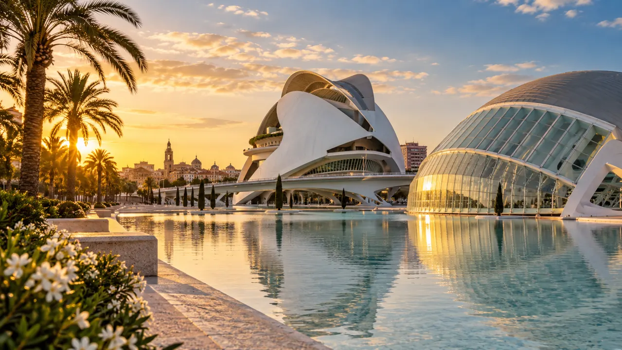 AI-generated illustration: valencia-inspired cityscape with contemporary curved white architecture, palms, shallow reflecting water and Mediterranean light