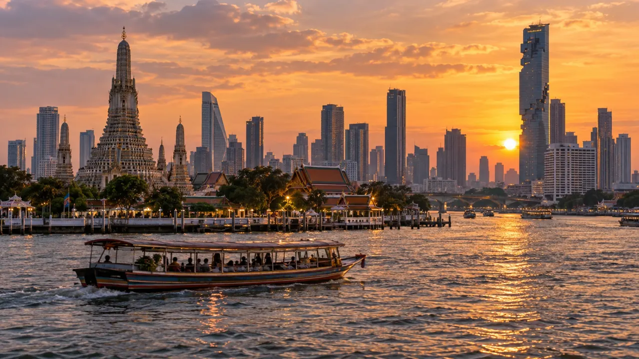 AI-generated illustration: bangkok-inspired riverfront cityscape with a long river boat, varied modern towers and traditional roof forms, tropical dusk