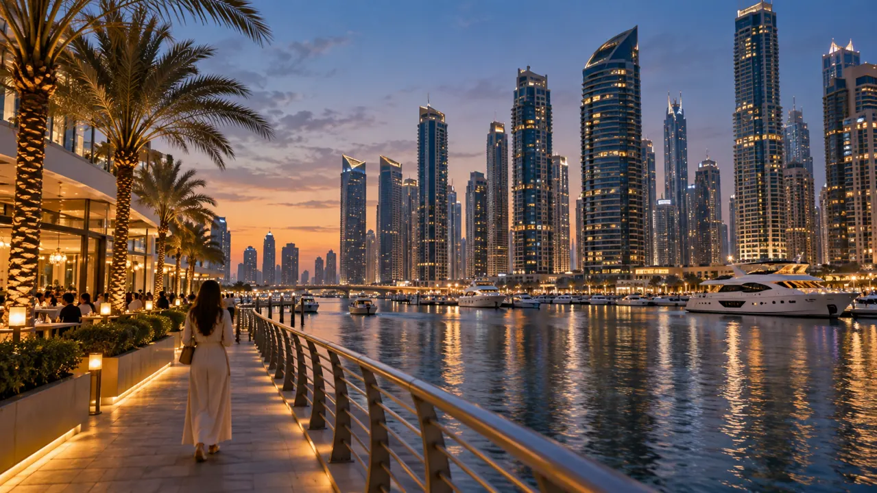 AI-generated illustration: dubai-inspired waterfront skyline from a pedestrian marina promenade, varied tall glass buildings and calm water, blue-hour light