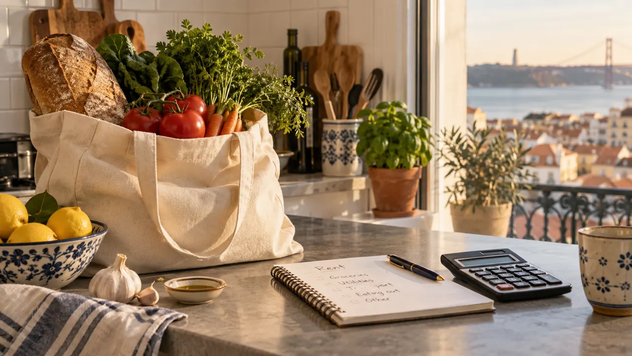 AI-generated illustration: shopping bag with bread and vegetables beside a rent notebook and calculator on a modest Lisbon apartment kitchen counter