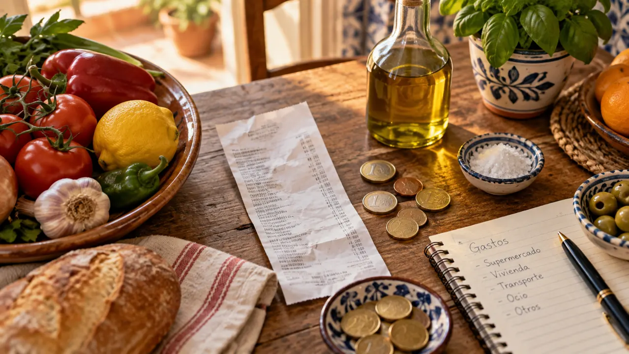 AI-generated illustration: an overhead still life of a grocery receipt with illegible text, euro coins, olive oil, vegetables and household notebook on a Spanish kitchen table