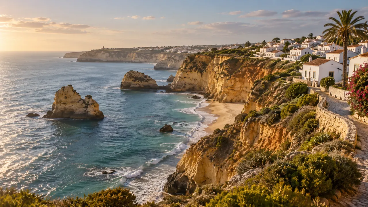 AI-generated illustration: an expansive artist impression of the Portuguese Atlantic coast, ochre cliffs and white coastal houses, sweeping landscape in soft afternoon light