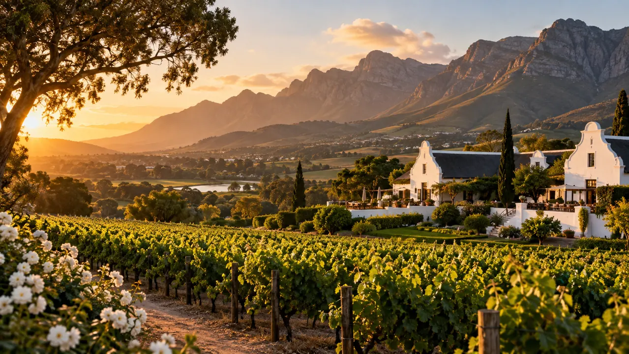 AI-generated illustration: an expansive artist impression of South Africa, a vineyard valley with dramatic mountains and Cape-style white buildings in warm light
