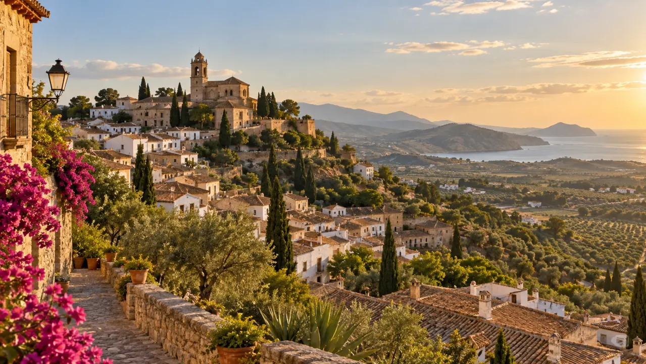 AI-generated illustration: an expansive artist impression of Spain, a hill town of terracotta roofs with olive groves and distant Mediterranean hills, clear late-afternoon light