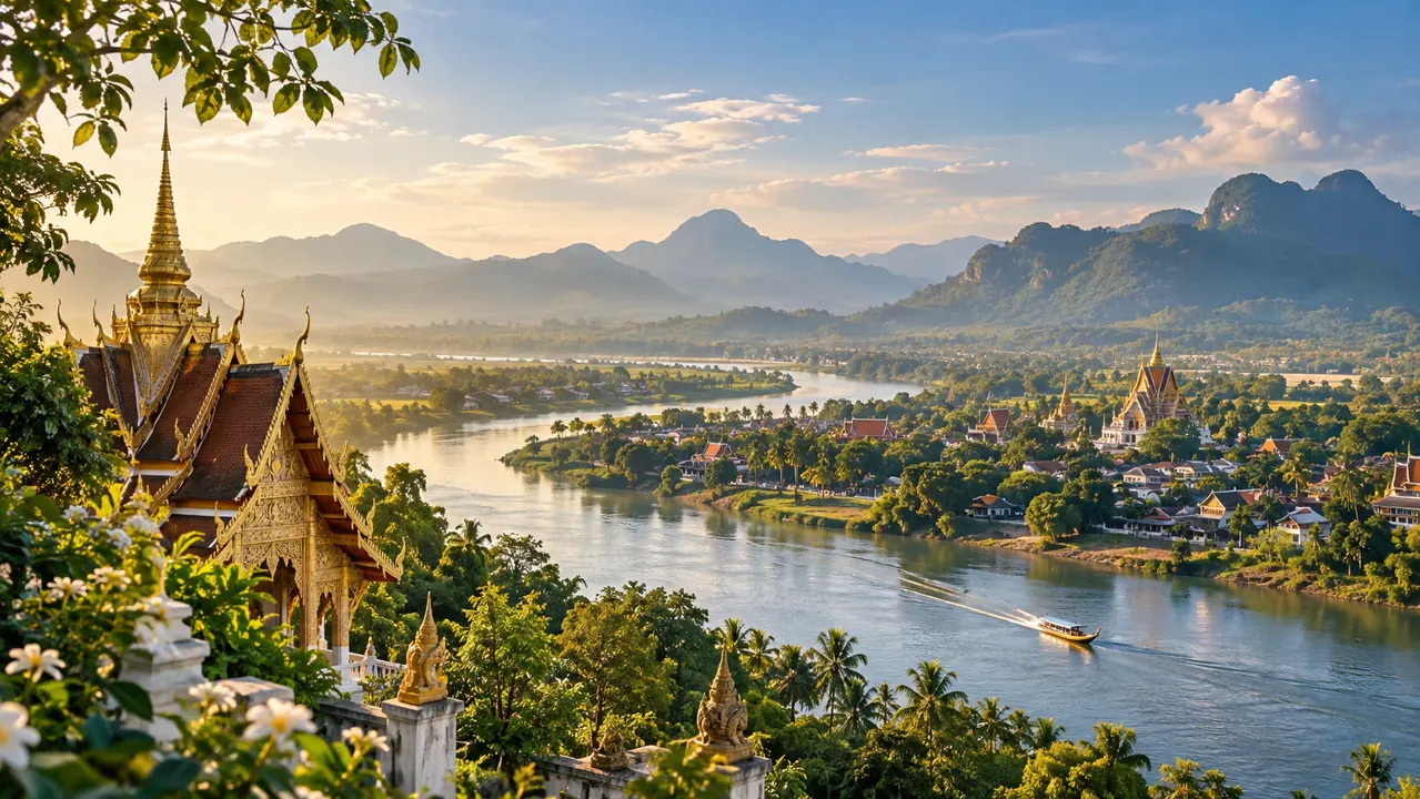 AI-generated illustration: an expansive artist impression of Thailand, a winding tropical river, low temple-like roof silhouettes and green hills under a soft blue sky