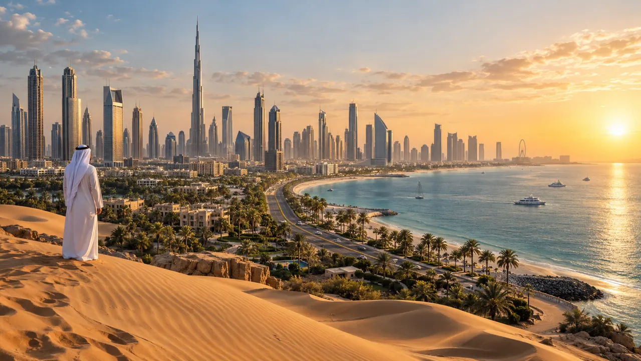AI-generated illustration: an expansive artist impression of the United Arab Emirates, modern glass towers meeting sand dunes and a sunlit coastal road