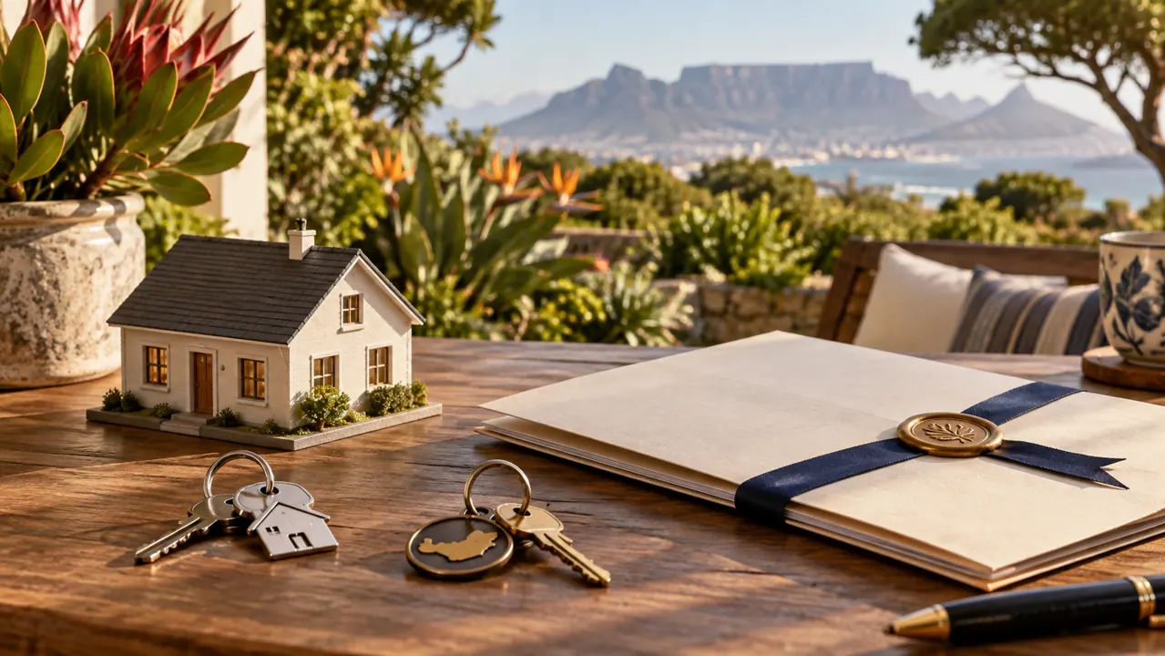 AI-generated illustration: a small house model, two sets of keys and a sealed estate folder on a wooden table with South African garden greenery beyond