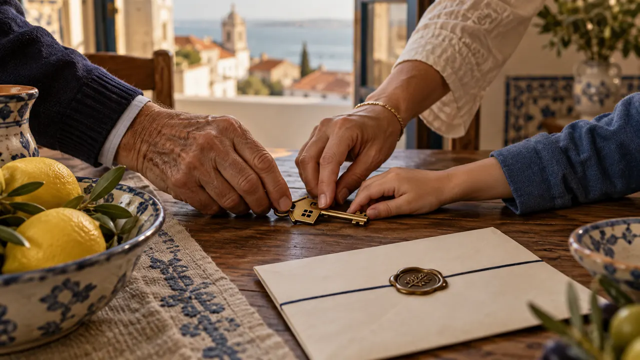 AI-generated illustration: three generations' hands placing a house key beside a sealed document envelope on a Portuguese dining table