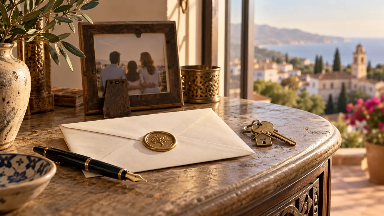AI-generated illustration: a fountain pen, sealed will envelope, family photograph seen from the back and a house key on a softly lit Spanish sideboard