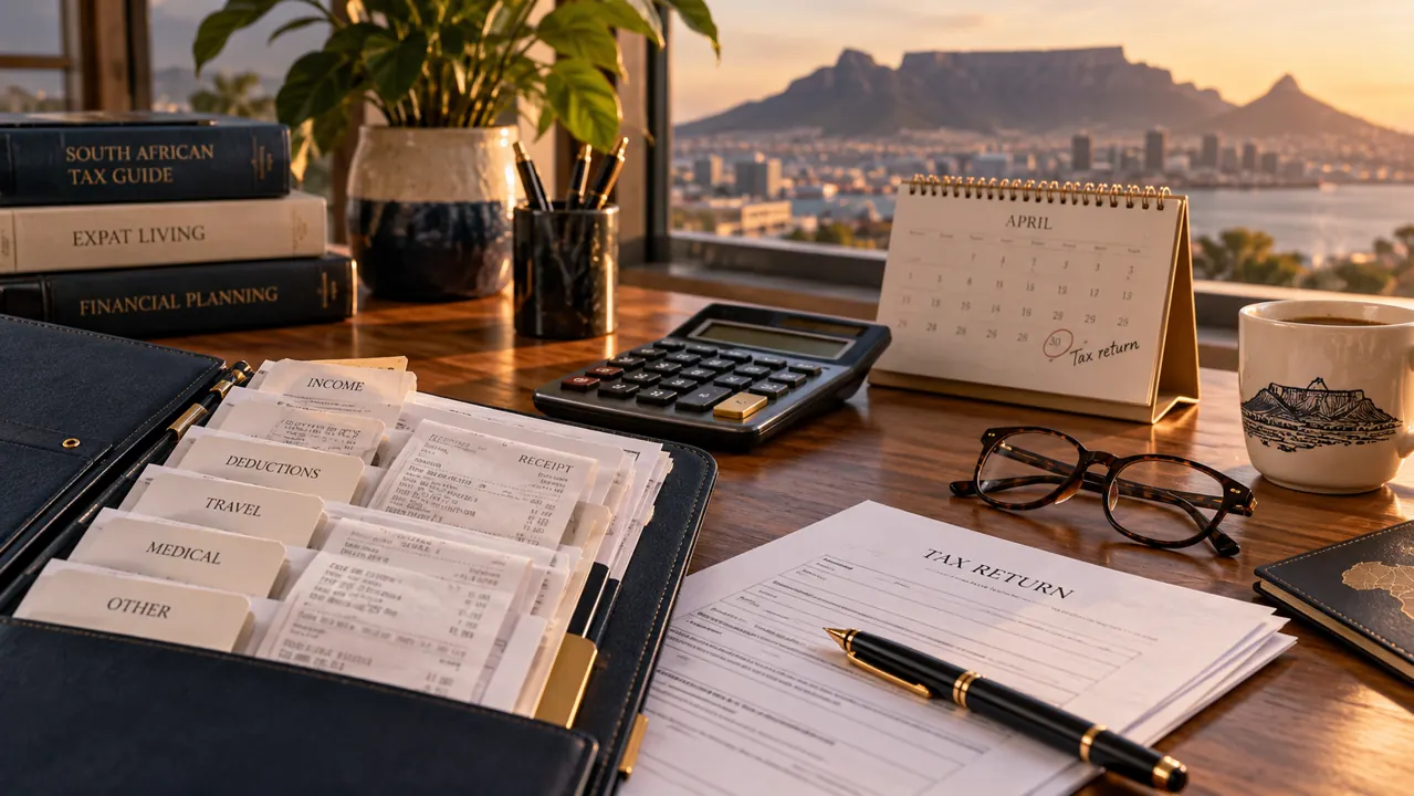 AI-generated illustration: sorted receipts clipped into a folder beside a desktop calculator, tax calendar and reading glasses