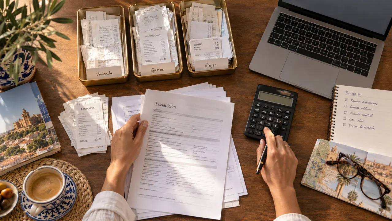 AI-generated illustration: overhead view of a Spanish tax-return preparation workspace