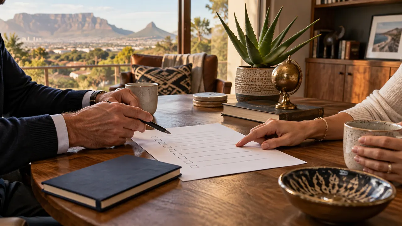 AI-generated illustration: hands on opposite sides of a round table discuss a plain checklist in a South African home-office setting, aloe plant and warm natural light