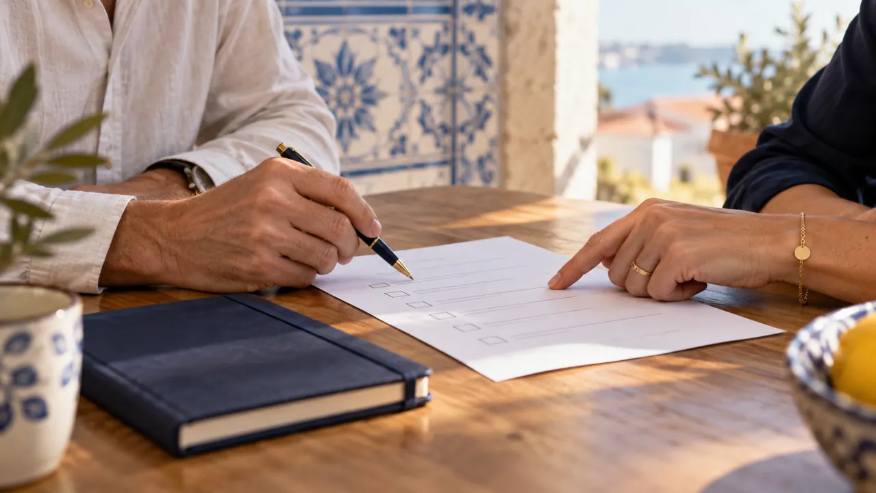 AI-generated illustration: two adults' hands review a checklist at an oak table beside Portuguese blue-and-white tiles