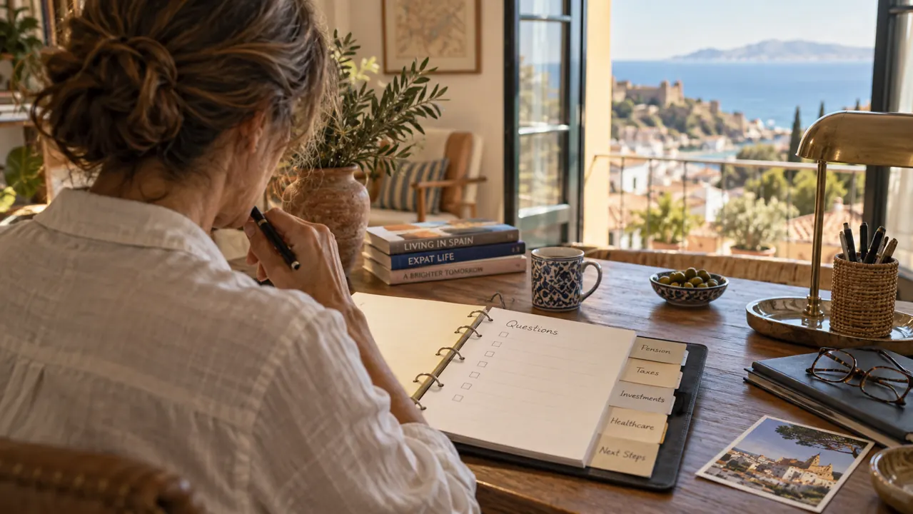 AI-generated illustration: an adult seen over the shoulder preparing questions for a financial consultation in a Spanish home office, binder, pen and no readable financial figures