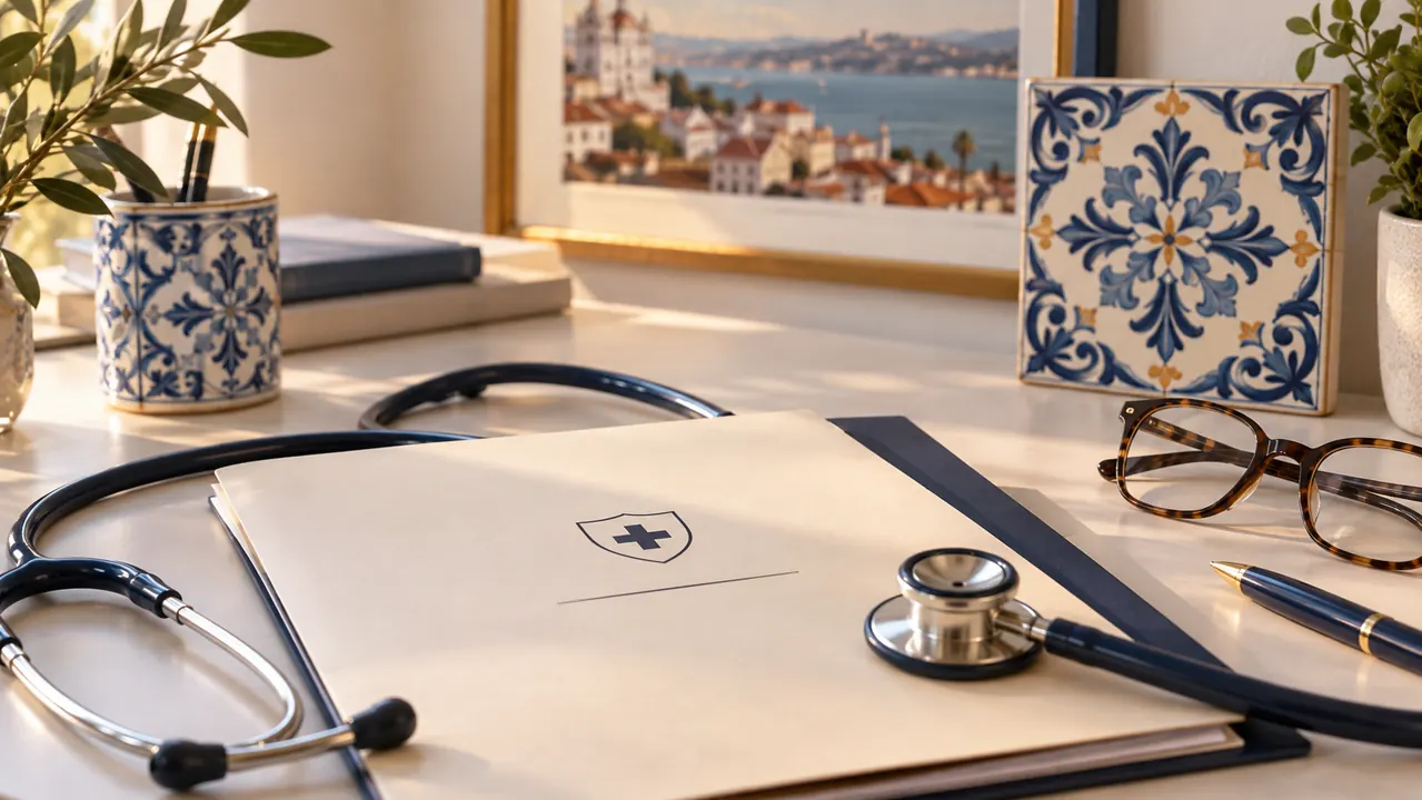 AI-generated illustration: a stethoscope and plain health-cover folder beside a ceramic Portuguese tile and reading glasses on a clean clinic desk
