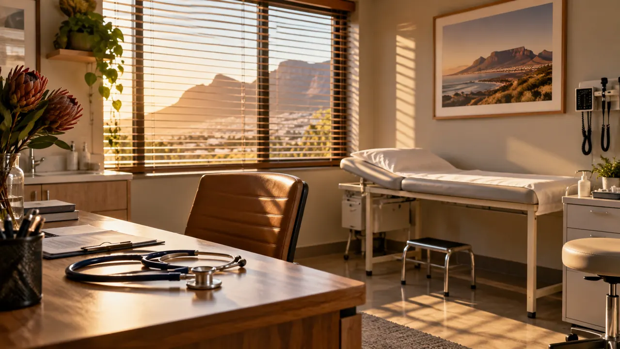 AI-generated illustration: a generic private clinic consultation room with an empty examination couch, stethoscope and warm South African light through blinds