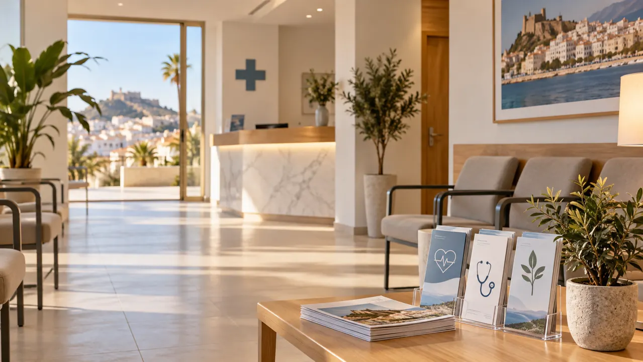 AI-generated illustration: a clean generic Spanish clinic waiting area with empty chairs, a potted plant and health-information leaflets without text