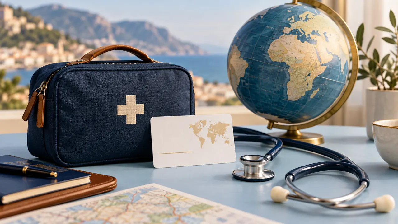 AI-generated illustration: a travel medical kit, blank insurance card, stethoscope and globe on a pale blue table, international health-cover planning without branded products