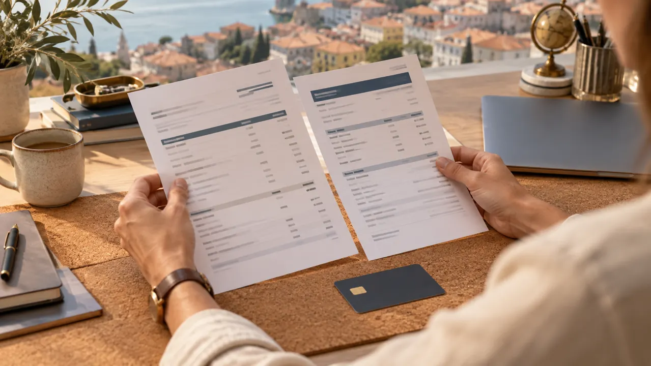 AI-generated illustration: close-up of hands comparing two unbranded banking statements beside a plain bank card and closed laptop on a cork desk mat