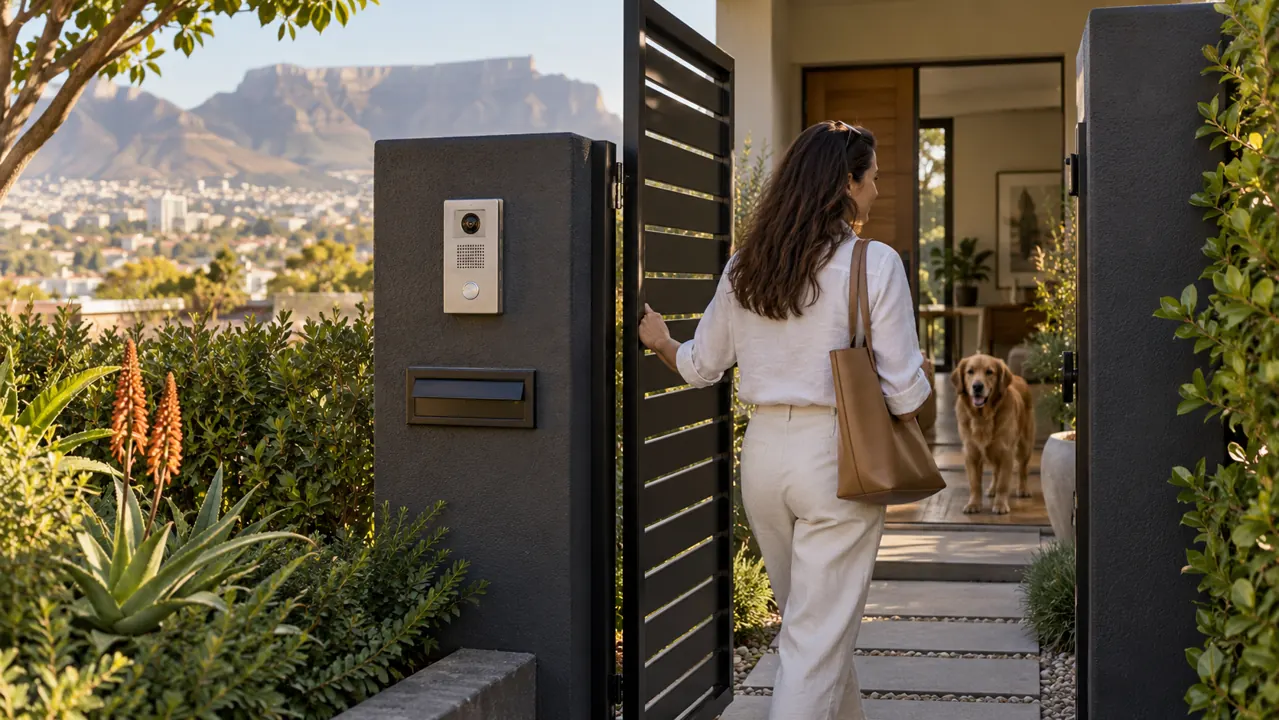 AI-generated illustration: a well-lit South African home entrance with a secure gate, intercom and clear footpath