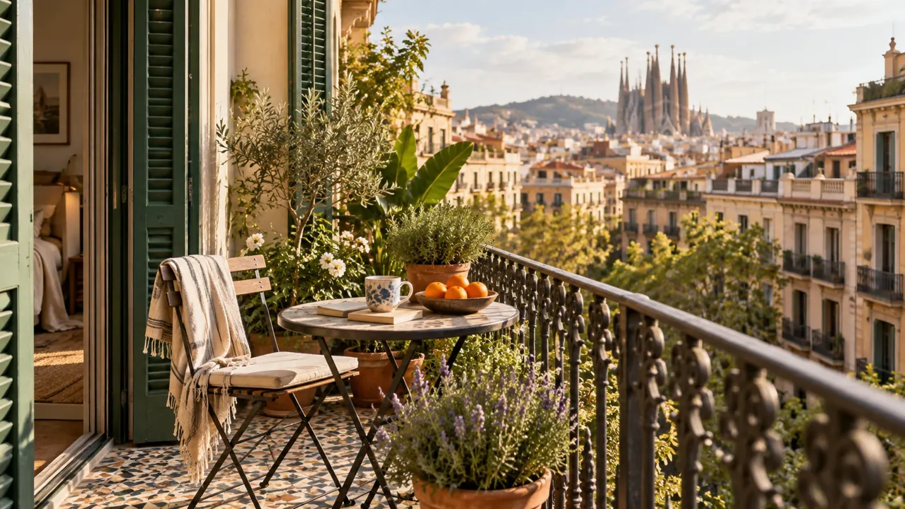 AI-generated illustration: a Barcelona-style apartment balcony with patterned floor tiles, green shutters, potted plants and a dense Mediterranean neighbourhood beyond