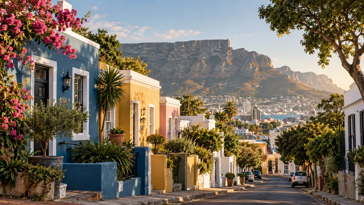 AI-generated illustration: cape Town-inspired residential street with colourful low houses, greenery and a broad flat-topped mountain silhouette beyond