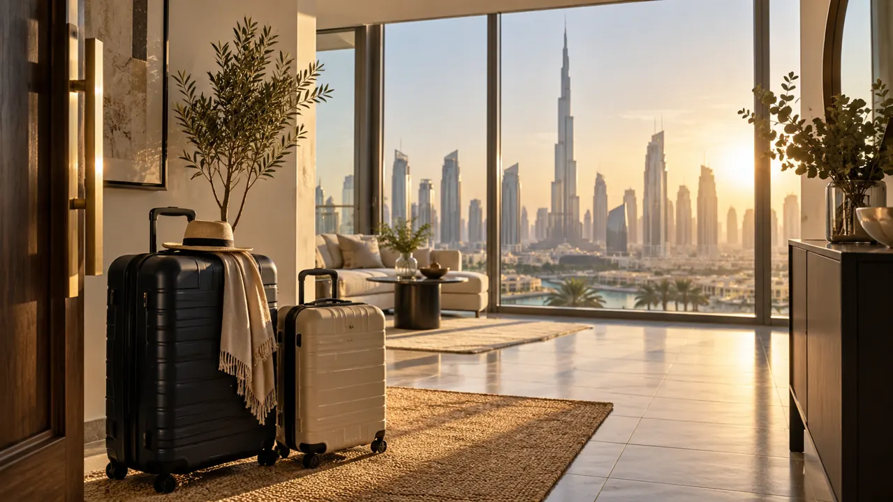 AI-generated illustration: suitcases in a contemporary Dubai apartment entrance, sunlit geometric skyline beyond a wide window