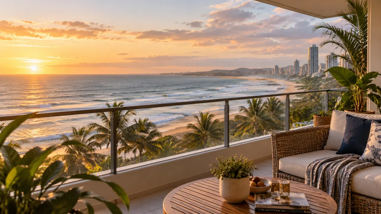 AI-generated illustration: durban and Umhlanga-inspired coastal apartment balcony with palm trees and Indian Ocean surf, contemporary railings, no identifiable building