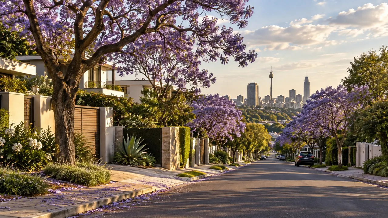 AI-generated illustration: johannesburg-inspired leafy residential avenue with jacaranda trees and modern low-rise homes under a highveld sky