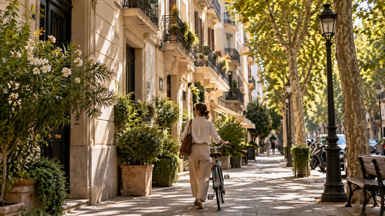 AI-generated illustration: street-level residential Madrid impression