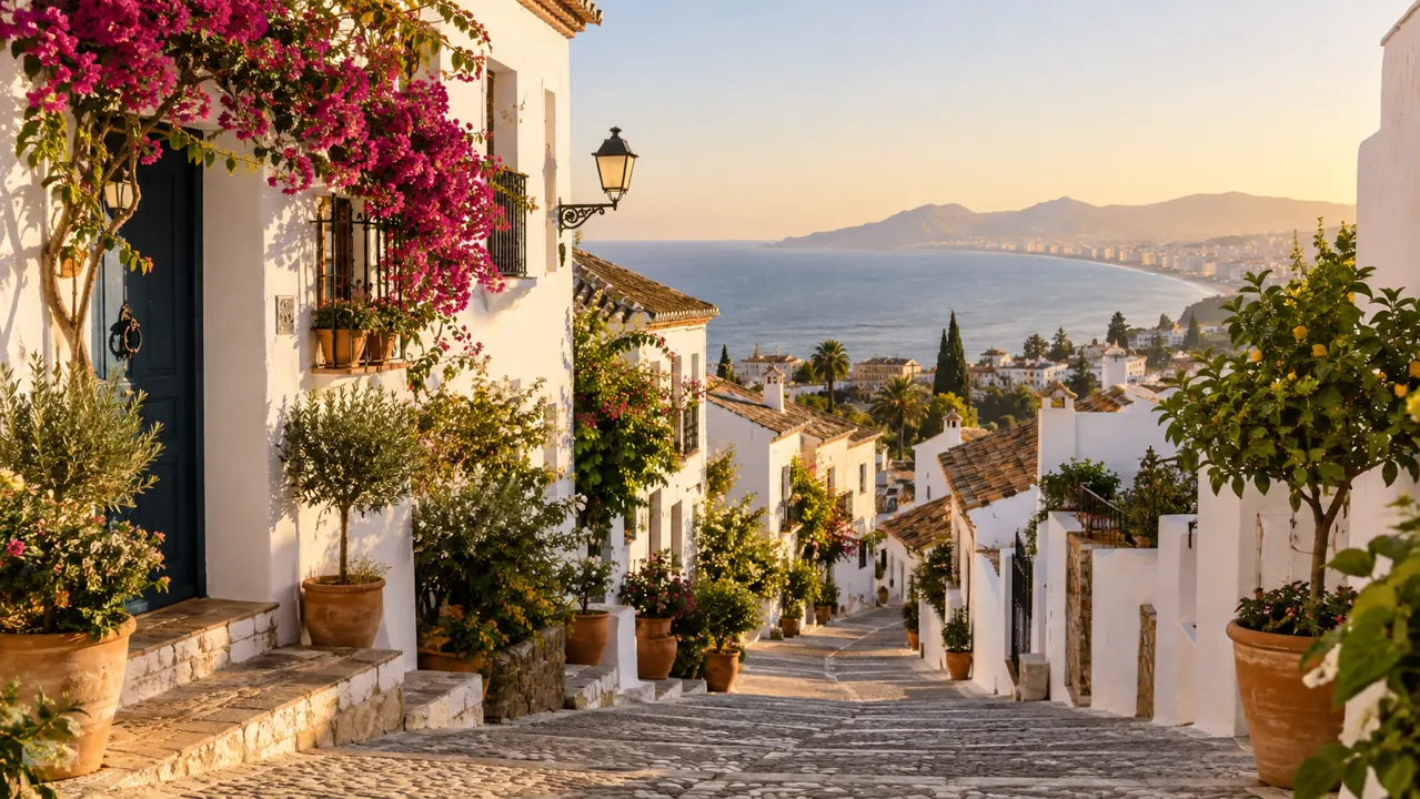 AI-generated illustration: a quiet Costa del Sol neighbourhood street with whitewashed houses, terracotta pots and the Mediterranean visible beyond, early morning