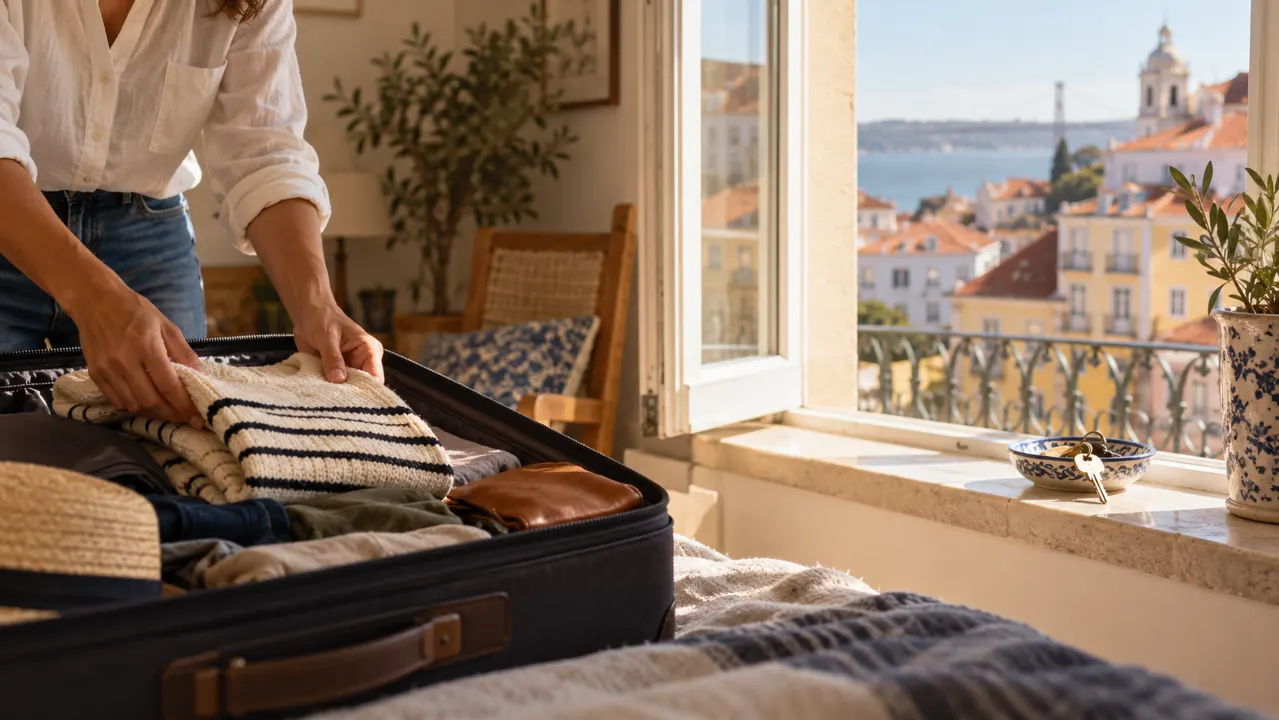 AI-generated illustration: unpacking a suitcase and setting a house key on a bright Portuguese apartment windowsill with tiled buildings softly beyond