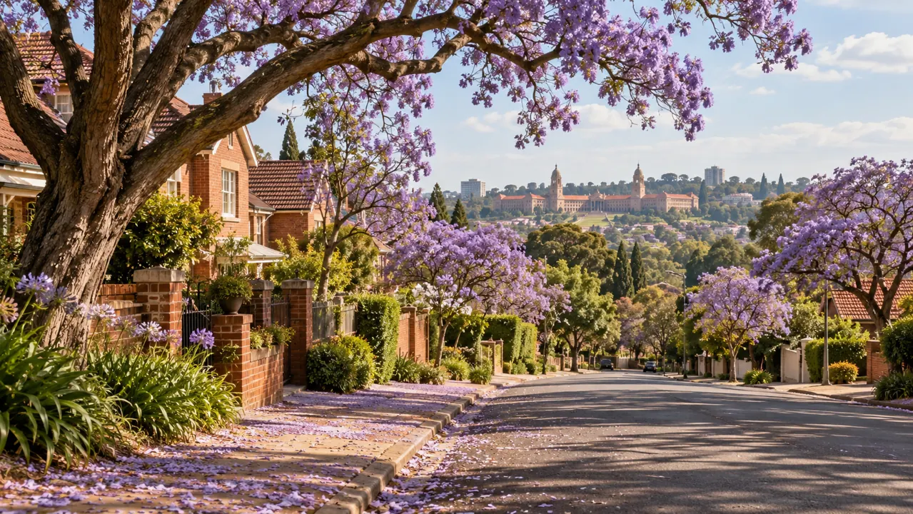AI-generated illustration: pretoria-inspired quiet neighbourhood under blooming purple jacarandas, red-brick houses and sunny pavements