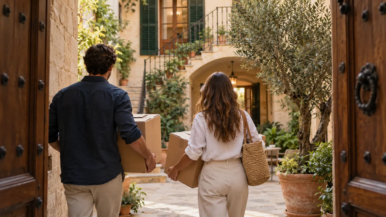 AI-generated illustration: a couple carrying moving boxes into a Spanish apartment courtyard with warm stone, shutters and a potted olive tree
