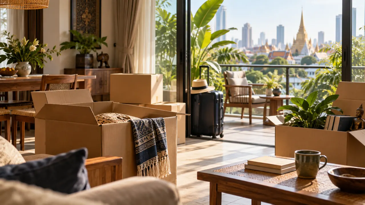 AI-generated illustration: open moving boxes in a tropical Thai apartment, leafy balcony, wooden furniture and a softly blurred urban view