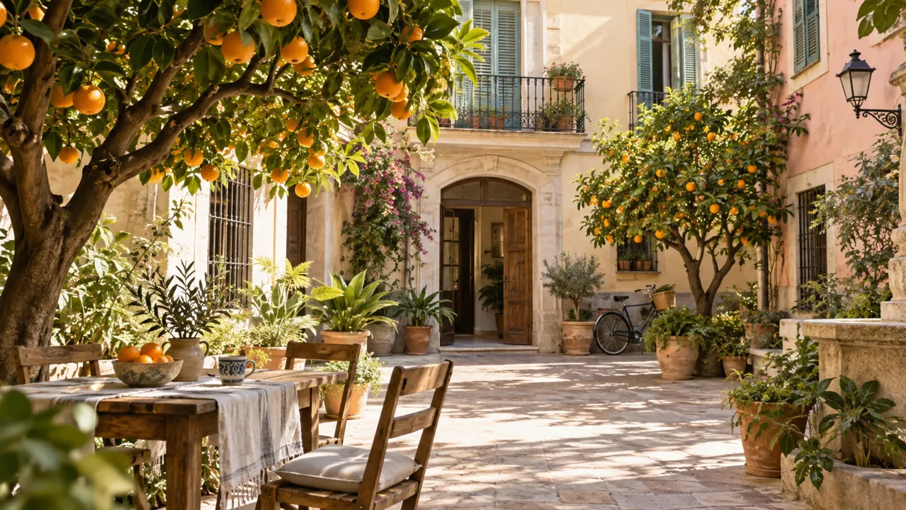 AI-generated illustration: a bright Valencia-inspired residential courtyard with orange trees, pale stone and pastel shutters, morning light