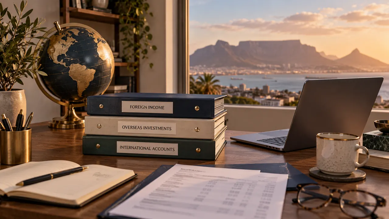AI-generated illustration: a home-office desk with three unbranded overseas income folders, globe, bank statement with illegible text and a simple laptop