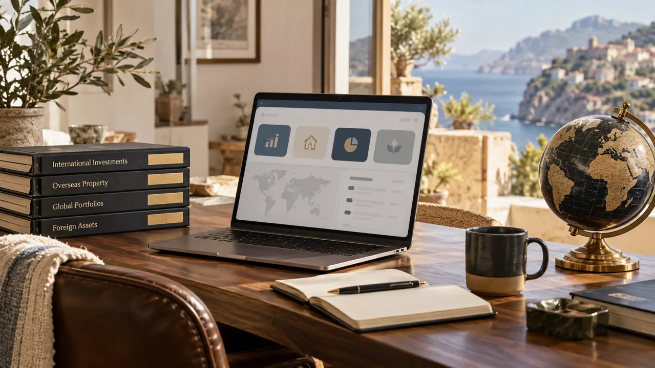 AI-generated illustration: an unbranded laptop with abstract non-numeric account tiles, separate overseas asset folders and a small globe on a walnut desk in a Mediterranean home