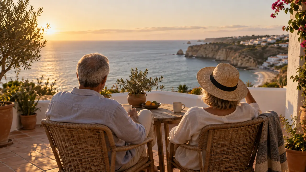 AI-generated illustration: an older couple viewed from behind on a quiet terracotta terrace overlooking the Atlantic